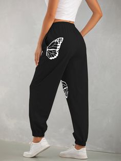 Sweatpants Black, Women Bottoms, Round Neck Tees, Butterfly Print, Womens Sweatpants, Cami Tops, Printed Tees