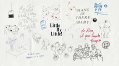 a piece of paper with drawings and words written on it, including children's names