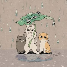 three cats and a dog sitting under an umbrella in the rain