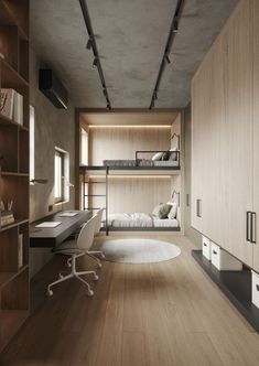 a bedroom with bunk beds and desks in the corner, along with bookshelves