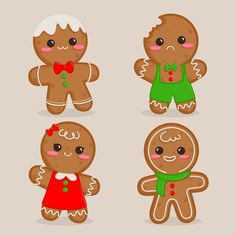 four gingerbreads with different outfits and bows on their heads, one is wearing a red bow tie