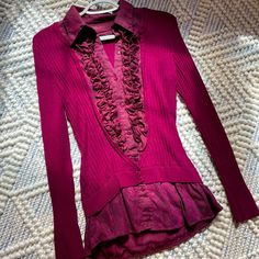 Never Worn Before : A Beautiful Deep Burgundy Blouse With Button Down Detailing And Lace & Frills. All The Layering Is Sewn-In So No Constant Adjusting While You’re Wearing It! Marked L, But Runs More Like M. Burgundy Blouse, Deep Burgundy, No Frills, Lace Detail, Layering, Top Blouse, Blouses, Womens Sizes, Womens Tops