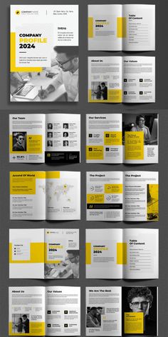 an image of a brochure with yellow and black accents on it, all in different