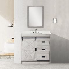 a bathroom with a sink, mirror and light fixture on the wall in front of it