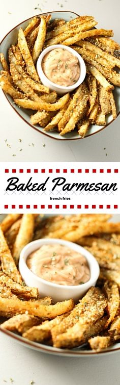 baked parmesan fries on a plate with dip in the middle and another side dish