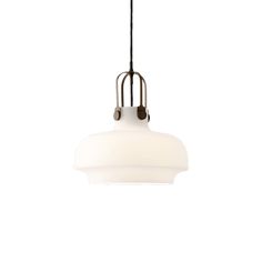 a white light hanging from a ceiling fixture with an iron rod and two lights on each end