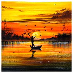 a painting of a man in a boat with birds flying over the water at sunset