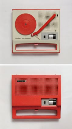 an old radio with a red antenna attached to it's back and side panels