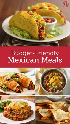 a collage of different mexican meals including tortillas, meat and vegetables