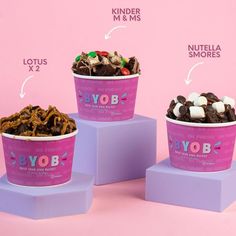 three ice cream bowls with different toppings on them and labeled in the same language