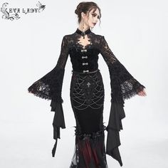 Odd Fashion, Gothic Skirt, Gothic Hairstyles, Gothic Shirts, Fishtail Skirt, Black Stones, Lace Cuffs, Velvet Shirt