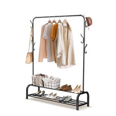 a rack with shoes and clothes hanging on it