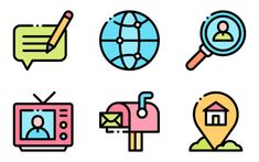 different colored icons on a white background including a magnifying glass, mailbox and globe