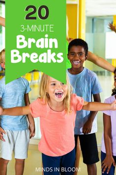 children holding up a green sign with the words 20 minute brain breaks in front of them