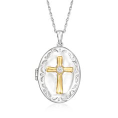 Ross-Simons - .10ct t. w. Diamond Cross Locket Necklace, Gold Over Sterling. 18". Showcasing a special symbol of faith, our .10 ct. t. w. round brilliant-cut diamond cross locket necklace holds a 7/8" x 11/16" photo inside. Textured and polished finishes. Suspends from a rope chain with a 2" extender. Perfect for a religious milestone or keeping someone close to your heart, always. Springring clasp, diamond cross locket necklace. Diamond birthstones are the perfect gift for April birthdays. White Oval Jewelry For Memorial, Diamond White Crucifix Jewelry For Anniversary, White Diamond Accented Crucifix Jewelry, Anniversary Cross Necklace With Diamond Accents, White Round Locket Necklace For Anniversary, Round White Locket Necklace For Anniversary, White Crucifix With Diamond Accents Jewelry, White Crucifix With Diamond Accents, Diamond Cut Round Cross Necklace For Anniversary