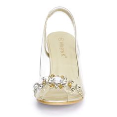 A pair of elegant, clear slingback style sandals with flower rhinestones feature a comfortable cushioned insole that snuggles your feet to provide comfort with every step. These sandals are playful and reflect an extravagant look. Easy to be paired with jeans or dresses for a casual look. It's beautiful and elegant and perfect for office, interview, party, casual, Christmas Day, dating, and evening. Clear Sandals For Spring Wedding, Spring Wedding Clear Sandals, Elegant Sandals With Clear Strap And Synthetic Material, Glamorous Clear Sandals For Wedding, Clear High Heel Sandals For Wedding, Glamorous Open Toe Slingback Sandals For Wedding, Clear Open Toe Sandals For Wedding, Elegant Sandals With Clear Strap And Open Toe, Clear Synthetic Heels For Wedding