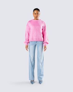 You can never go wrong with a simple and sleek moment 💕 This two-piece set pairs a pink chunky sweater top with blue denim straight leg jeans for the perfect cute and cozy everyday look 😚 Casual Pink Sweater For Everyday, Casual Pink Everyday Sweater, Pink Casual Everyday Sweater, Everyday Pink Sweater For Spring, Chic Pink Jeans For Fall, Trendy Pink Sweater, Denim Set, Perfect Cute, Chunky Sweater