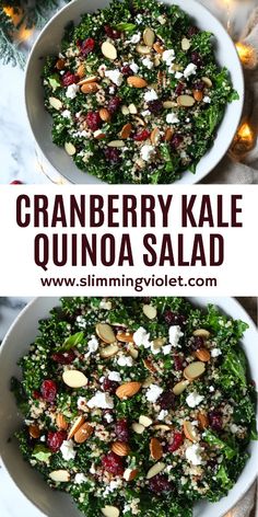 two bowls filled with cranberry kale quinoa salad on top of a table