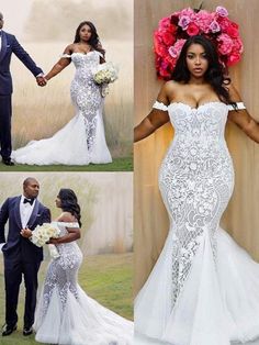 the bride and groom are posing for pictures in their wedding gowns, with pink flowers on