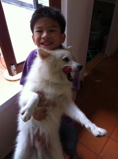 a young boy is holding a white dog in his arms and smiling at the camera