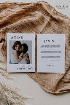 two wedding program cards on top of a furnishing cloth with the same photo