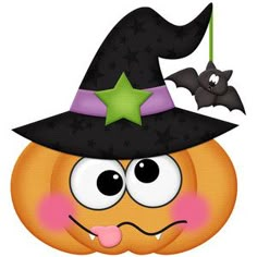 a halloween pumpkin with a witch hat and bat hanging from it's side, on a white background