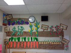 an office cubicle decorated with carrots, plants and other things on the wall