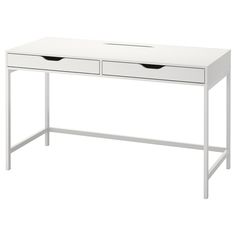 a white desk with two drawers on the top and one drawer at the bottom that is open