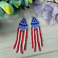 Patriotic Seed Beaded Dangle Earrings 3.25” Long Red White Blue Flag Handmade Handmade By Me And Designed By My Husband, These Earrings Are A Unique Way To Show Off Your Love For Your Country. Made With Glass Miyuki Seed Beads These Earrings Are Sure To Last A Lifetime With The Extra Attention To Detail. They Measure 3.25 Inches With The Ear Hook And Hanger A Drop Length Of 2.75 Inches. Please Note That If You Prefer Stainless Steel Ear Hooks You Can Send Me A Message And I Will Be Sure To Fill Patriotic Multicolor Dangle Jewelry, Patriotic Blue Beaded Earrings, Blue Jewelry For 4th Of July Beach Day, Patriotic Beaded Dangle Earrings, Patriotic Dangle Beaded Earrings, Patriotic Blue Beaded Earrings As Gift, Blue Patriotic Beaded Earrings As Gift, Beaded Earrings For 4th Of July Gift, Beaded Earrings As A Gift For 4th Of July