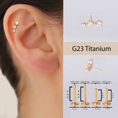 three different types of piercings are shown in front of a woman's ear