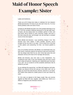 the maid of honor speech example is shown in pink and white with black lettering