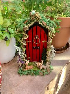 a small red door surrounded by plants and potted plants