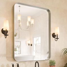 a bathroom with a sink, mirror and potted plant