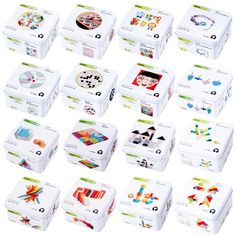 many different types of children's lunch boxes with pictures on them, all in various shapes and sizes