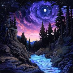 a painting of the night sky over a river