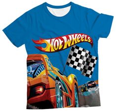 a blue t - shirt with a hot wheels design on it