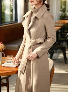 ❤❤A trench-inspired silhouette graces this wool blend coat that is simply elegant and will be an everlasting addition to your outerwear lineup. Detailed design: ●Single-breasted button closure ●Notched collar ●Lined ●Front welt pockets ●Removable tie belt ●Wool and polyester ●Dry clean ★★Please inform your height, weight and bust. Your clothes need me to spend 3-5 days to cut and sew. Please be patient. I will make your clothes with my heart. Elegant Beige Belted Pea Coat, Elegant Belted Beige Pea Coat, Chic Solid Pea Coat With Lapel Collar, Elegant Beige Solid Color Outerwear, Elegant Pea Coat For Workwear, Elegant Solid Color Pea Coat For Workwear, Elegant Workwear Pea Coat In Solid Color, Long Wool Coat For Work, Elegant Double-breasted Solid Pea Coat