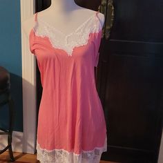 Size M; Brand New; 100% Nylon; Pink Spring Camisole With Built-in Bra For Bedtime, Fitted Lace Trim Sleepwear For Vacation, Summer Lace Stretch Sleepwear, Summer Stretch Lace Sleepwear, Casual Lace Sleepwear For Spring, Spring Sleepwear With Lace Trim And Stretch, Women's Intimates, Brand New, Full Service