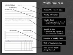 the weekly focus page is shown in black and white with an arrow pointing to it