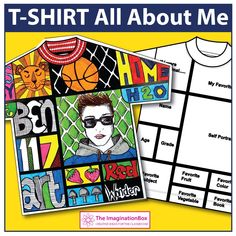 the t - shirt all about me activity book with pictures on it and an image of a