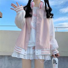 Women girl sweet baseball uniform coat loose long sleeves jacket top casual new College Jacket, Loose Coat, Loose Coats, Cartoon Embroidery, Baseball Women, Women Jacket, Girls Sweet, Long Sleeves Jacket, Pink Fashion