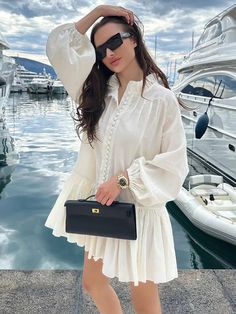 White Ruffle Long Sleeve Smocked Solid Spliced Button Mini Dress - – Golden Atelier White Lantern Dress, Long White Button Down Dress Pullover, Aje Smock Dress, Office Dresses For Women, Lantern Sleeve Dress, Ruffle Long Sleeve, Summer White, Straight Neckline, Ruffle Mini Dress