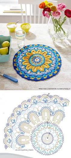 Blue and yellow crochet Mandala picture with the crochet chart underneath. Motif Mandala Crochet, Blue Mandala, Crochet Coaster Pattern, Circle Bag, Crochet Mandala Pattern, Crochet Circles, Crochet Doily Patterns, Crochet Square Patterns, Blanket Yarn