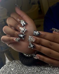 Birthday nails 🖤🔥 How fye are these 1-10?? #ducknails #nailart #nails #nailinspo #nailideas Nail Inspired Birthday, Cute All White Nails, Extra Nails Designs Short, Birthday Nail Set Black, Birthday Nails Short Acrylic, Black And Gray Acrylic Nails, Cute Nail Ideas For New Years, Nail Ideas Birthday Art Designs, 15 Birthday Nails Ideas