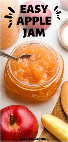 an apple jam in a glass bowl next to apples