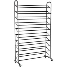 a large metal rack with wheels on the top and bottom, for storing items in various sizes