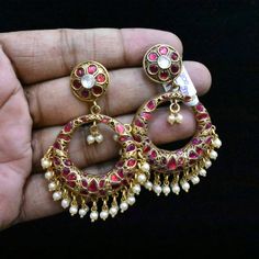 A beautiful 92.5silver chandbali with real kundan and pearls Chandbalis Earrings, American Diamond, Bridal Necklace, Indian Bridal, Indian Jewelry, Ships, India, Drop Earrings