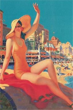 a woman in an orange bathing suit and hat sitting on a rock at the beach