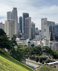 the city is full of tall buildings and green grass in front of it, as well as trees