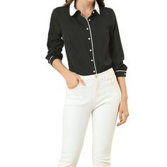 Create an endless look in this Allegra K piping button up shirt. It is a perfect match for your trousers and heels for a charming look. Occasion: Work, Meeting, Coffee Shop, etc. Please check your measurements to make sure the item fits before ordering. Measurement (in inches) International Size----Chest Girth-----Waist Girth-----Shoulder Width-----Total Length XS----------------36 5/8------------------34 5/8------------------14 5/8---------------25 1/4 S------------------38 5/8----------------- Workwear Shirt With Contrast Collar, Fitted Shirt With Contrast Collar For Work, Workwear Top With Contrast Trim And Collared Neckline, Elegant Tops With Contrast Trim For Work, Pan Collar Blouse, Tie Neck Shirt, Shirt Wrinkles, Peter Pan Collar Blouse, Cuffed Top